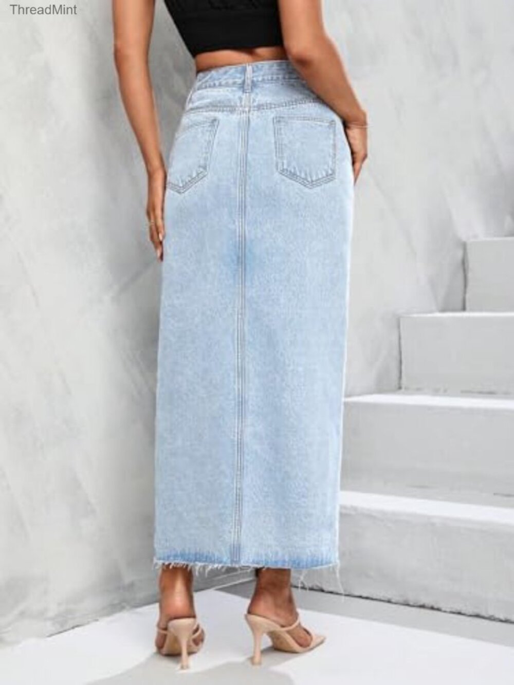 High Waist A-Line Maxi Denim Skirt with Front Split & Raw Hem - Picture 2 of 6